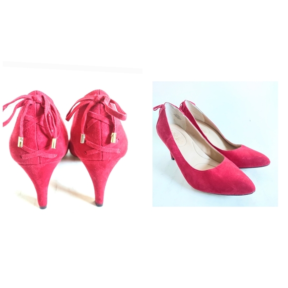 Corset Laced Red Faux Suede Pumps Heels Kelly & Katie Pointed Toe Size 7.5 EUC - Picture 1 of 11